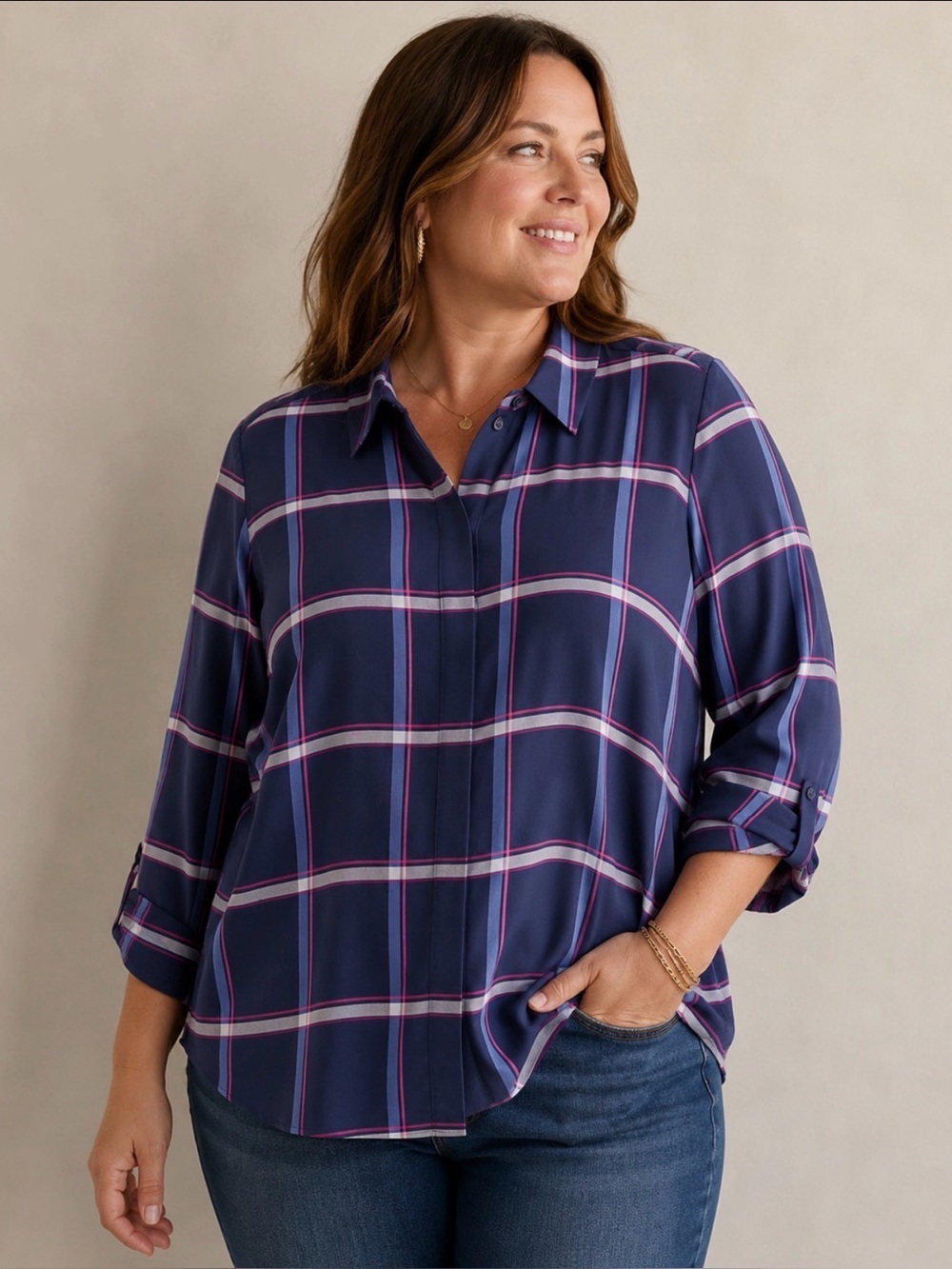 FOXCROFT 18W Non-Iron blue plaid plus size long sleeve woman blouse coastal